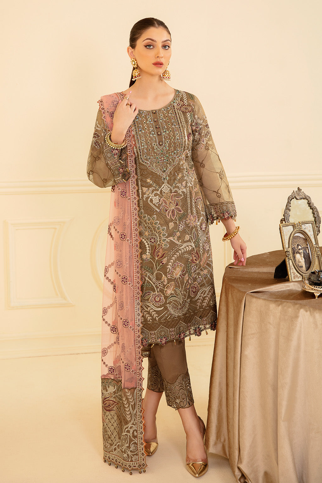 Ramsha 3 Piece Custom Stitched Suit - Brown - LB26834