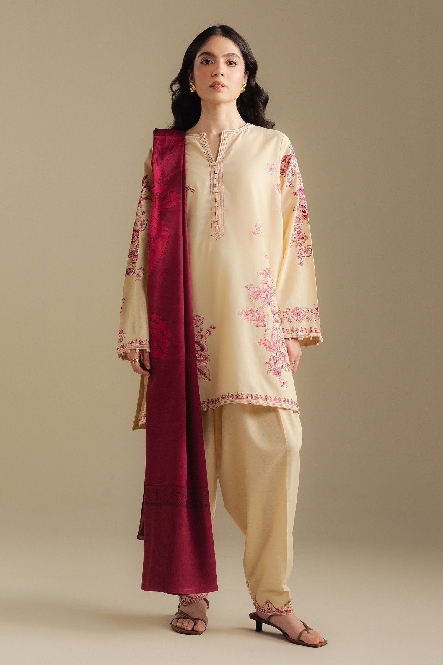 Zara Shahjahan 3 Piece Custom Stitched Suit - Beige - LB31002