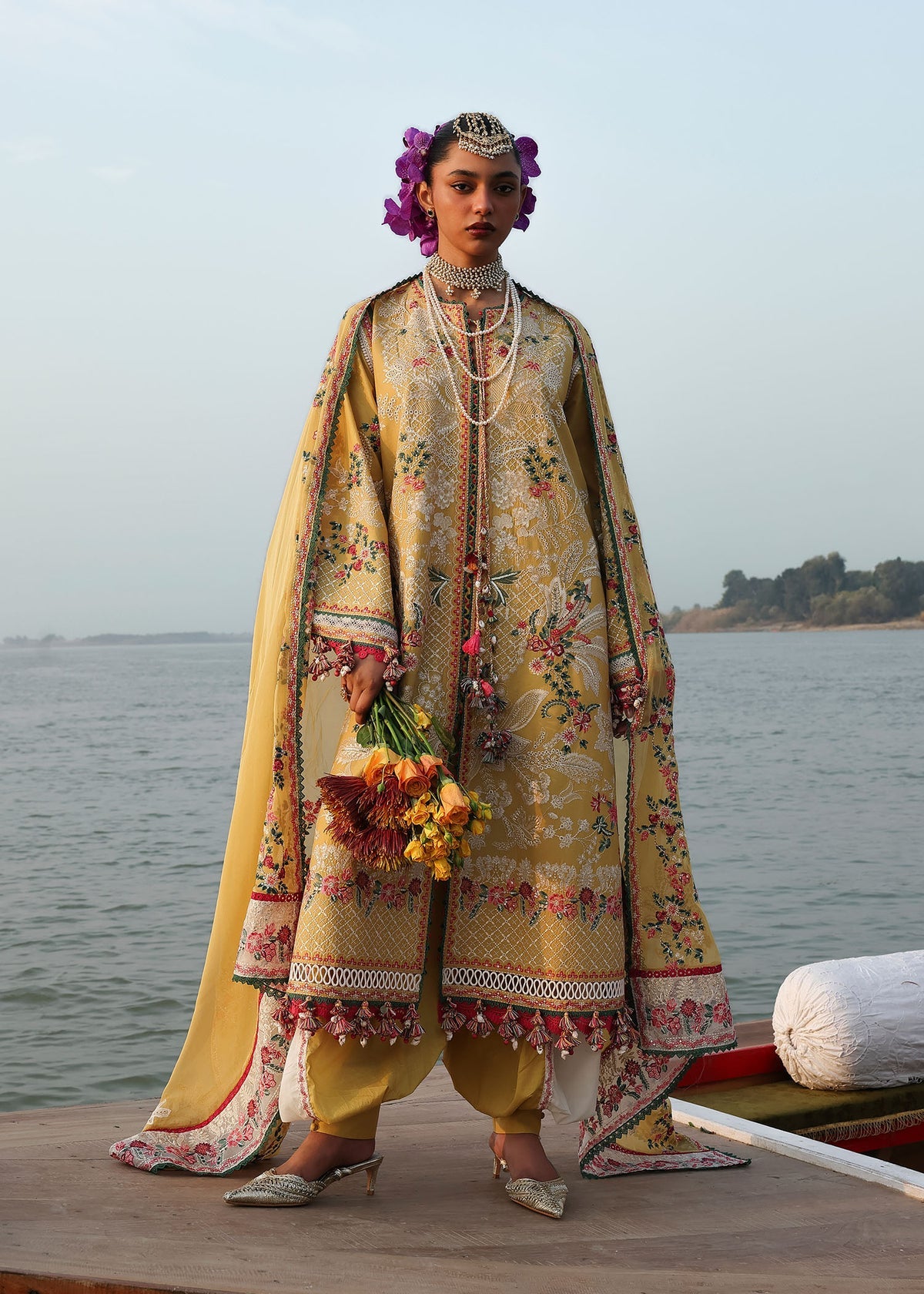 Hussain Rehar 3 Piece Custom Stitched Suit - Mustard - LB31474