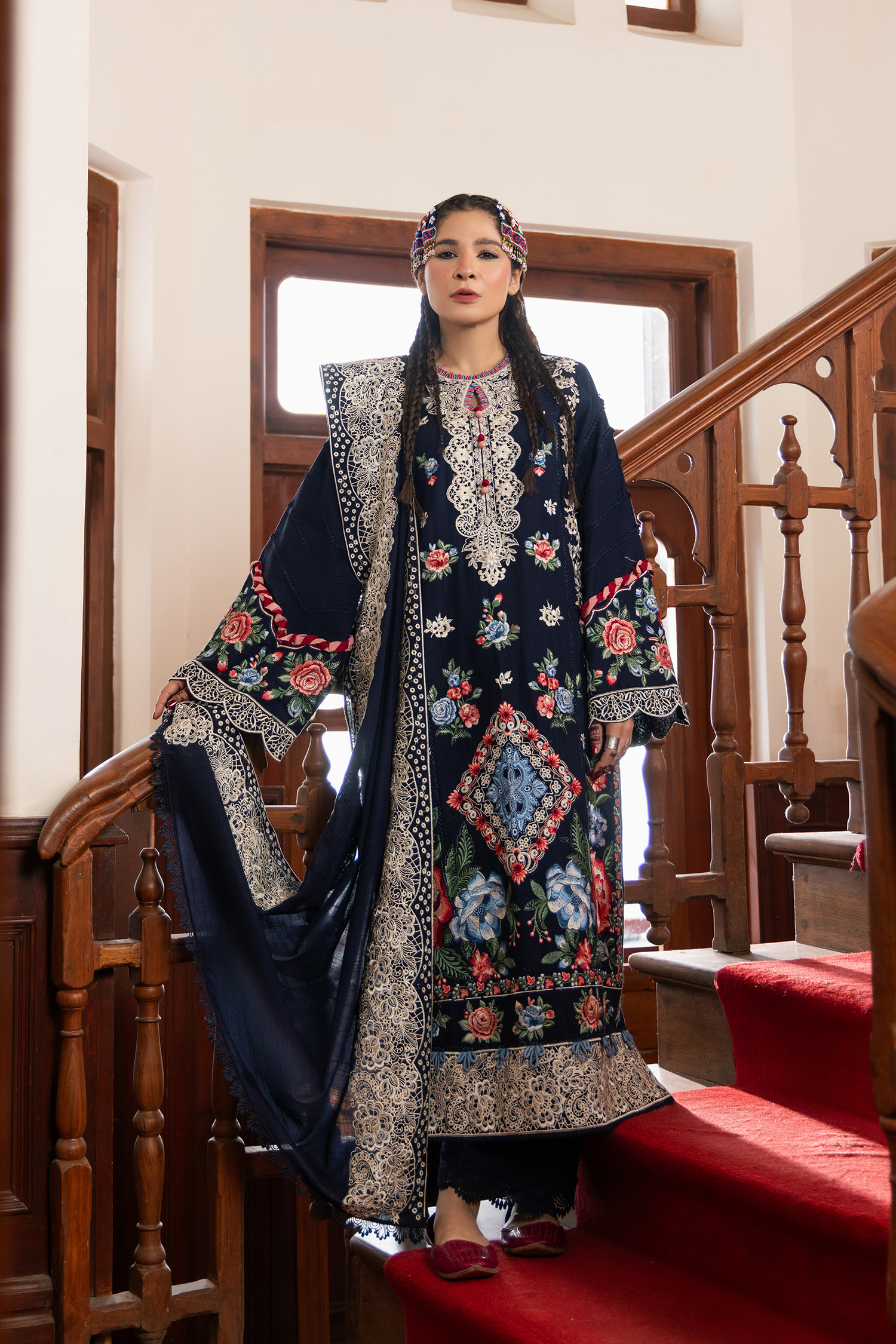 Maryam Hussain 3 Piece Custom Stitched Suit - Blue - LB30912