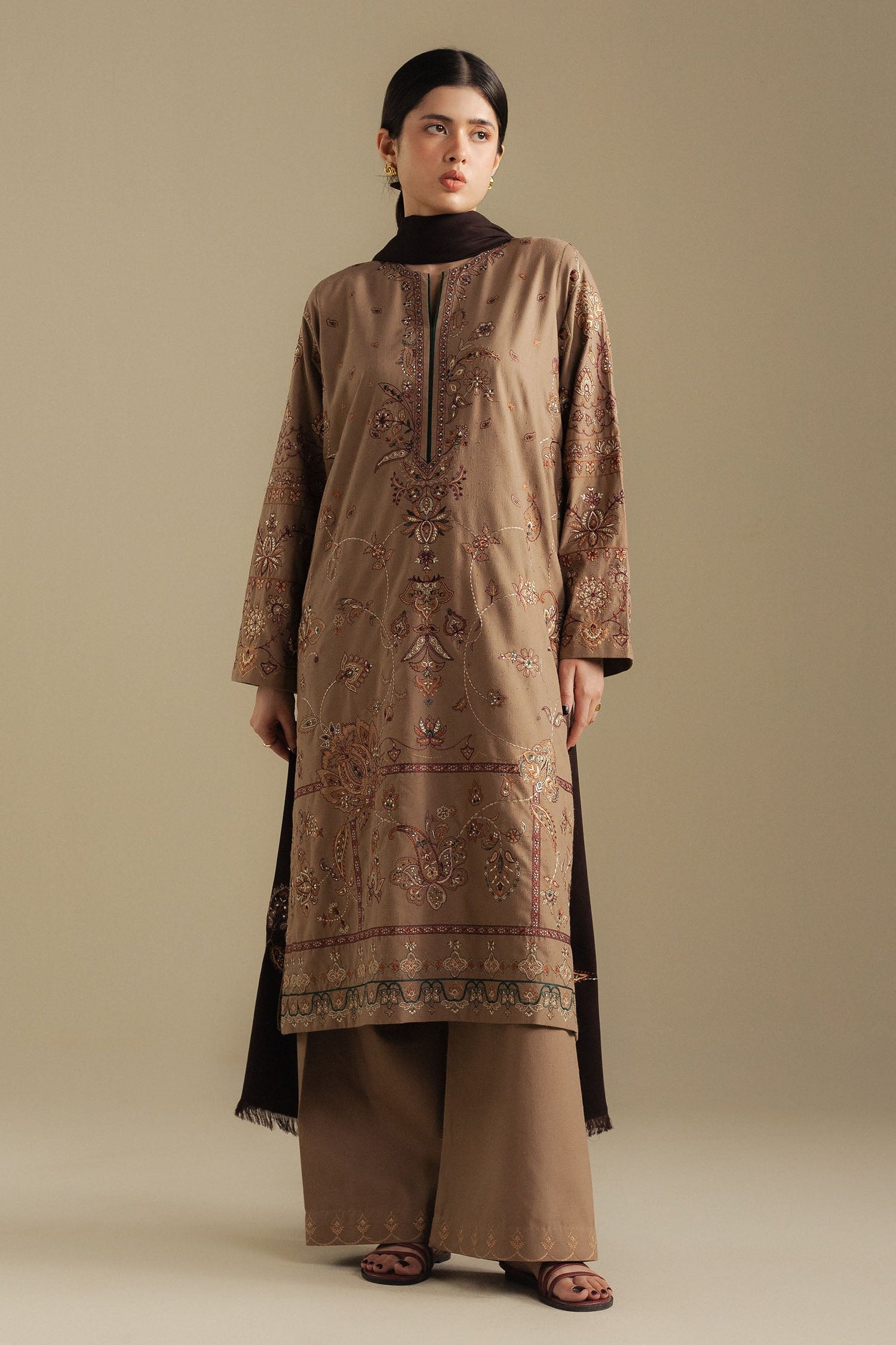 Zara Shahjahan 3 Piece Custom Stitched Suit - Beige - LB30995
