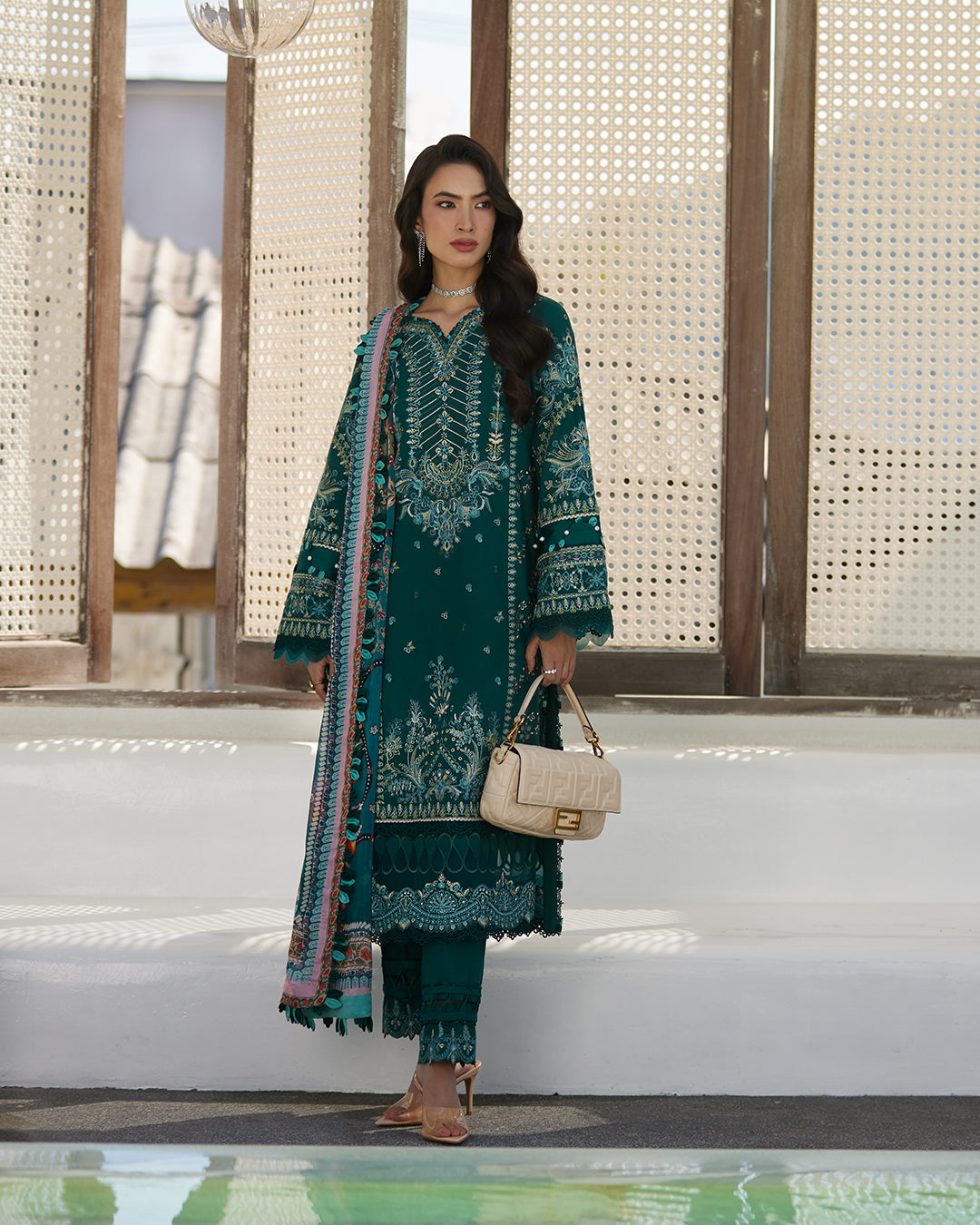 Faiza Saqlain 3 Piece Custom Stitched Suit - Green - LB286675