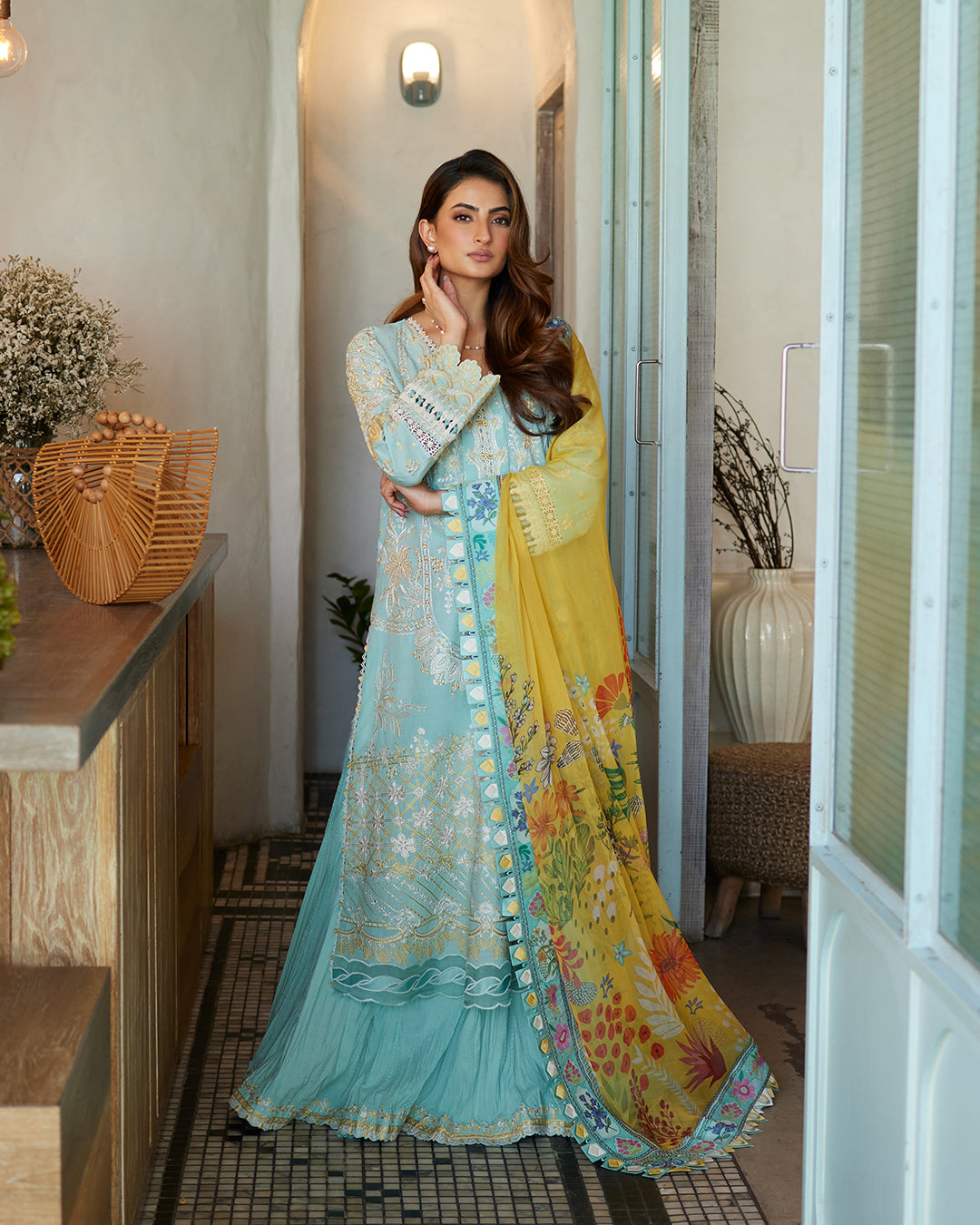 Faiza Saqlain 3 Piece Custom Stitched Suit - Aqua - LB286669