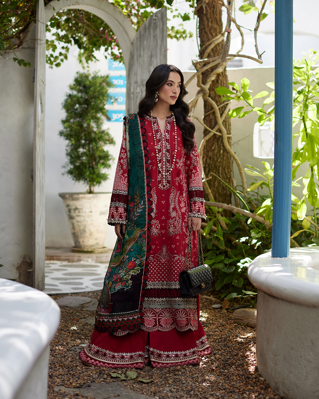 Faiza Saqlain 3 Piece Custom Stitched Suit - Red - LB286670