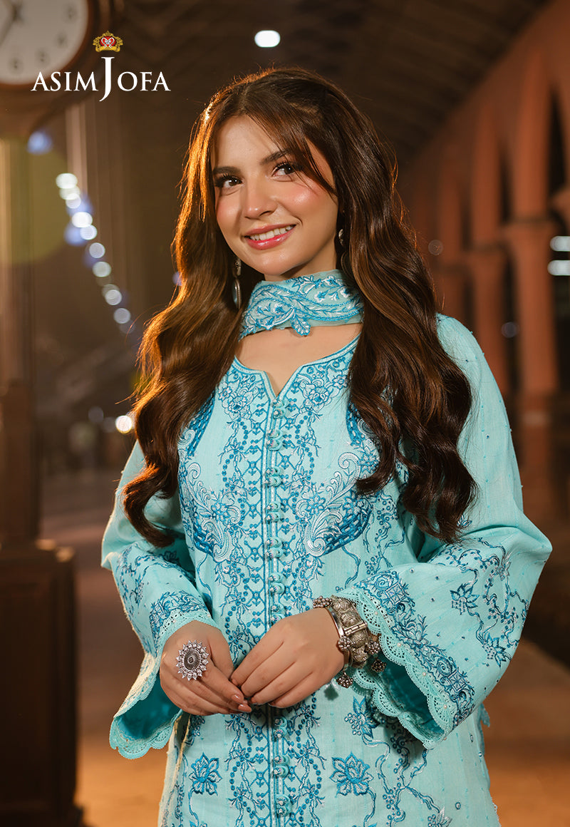 Asim Jofa 3 Piece Custom Stitched Suit - Aqua - LB29789