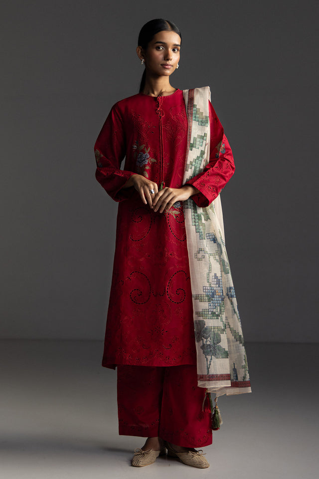 Zara Shahjahan 3 Piece Custom Stitched Suit - Red - LB31172