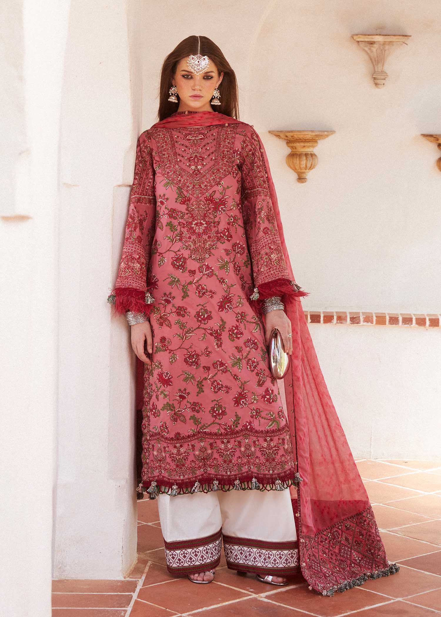 Hussain Rehar 3 Piece Custom Stitched Suit - Pink - LB286572