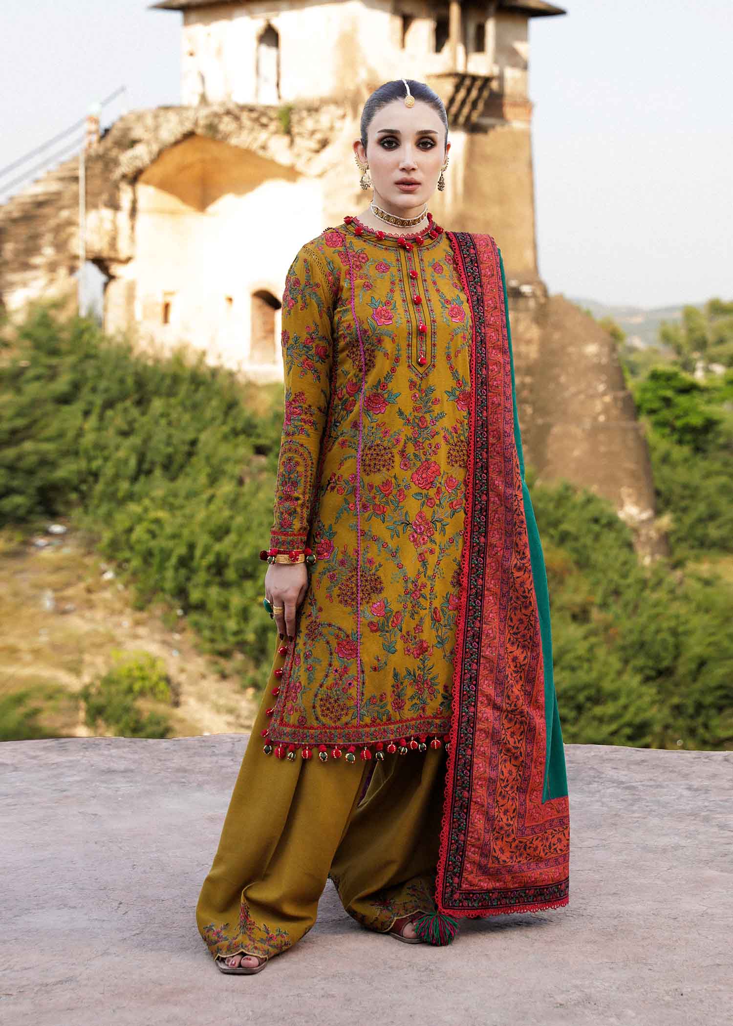 Hussain Rehar 3 Piece Custom Stitched Suit - Mustard - LB284356