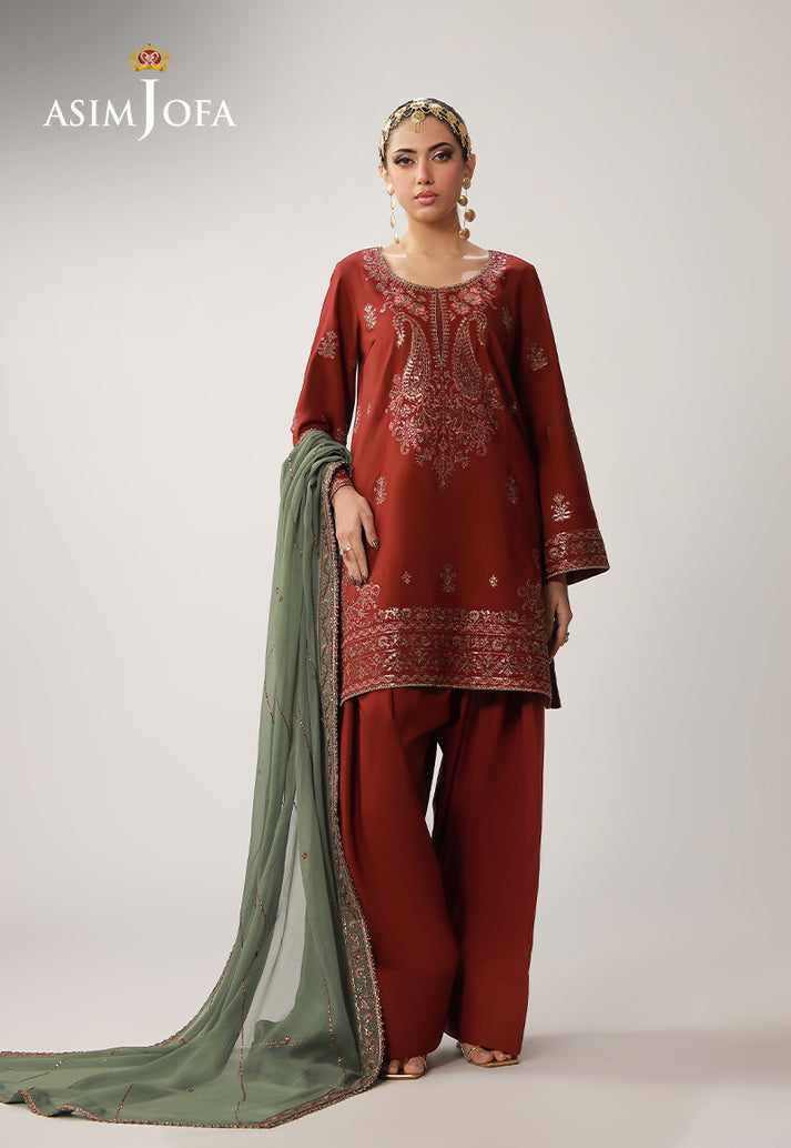 Asim Jofa 3 Piece Custom Stitched Suit - Rust - LB31627