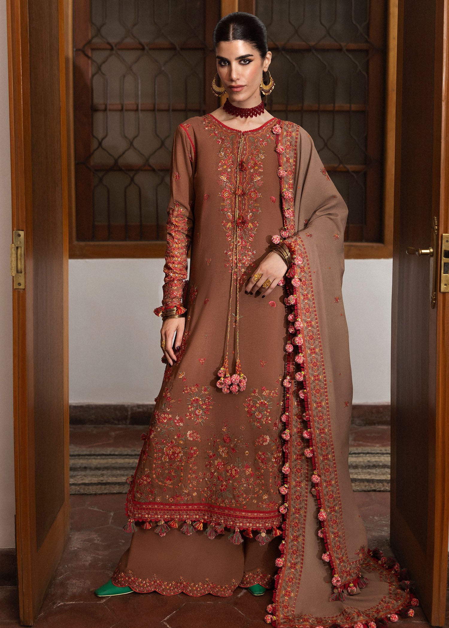 Hussain Rehar 3 Piece Custom Stitched Suit - Brown - LB289075