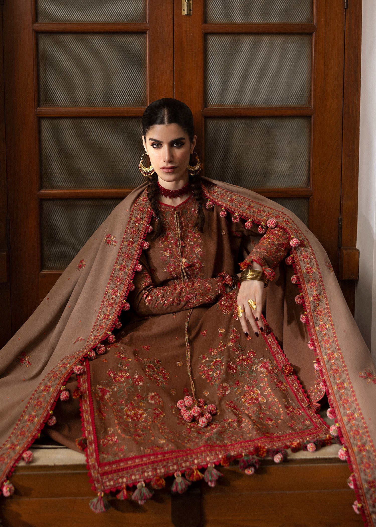 Hussain Rehar 3 Piece Custom Stitched Suit - Brown - LB289075