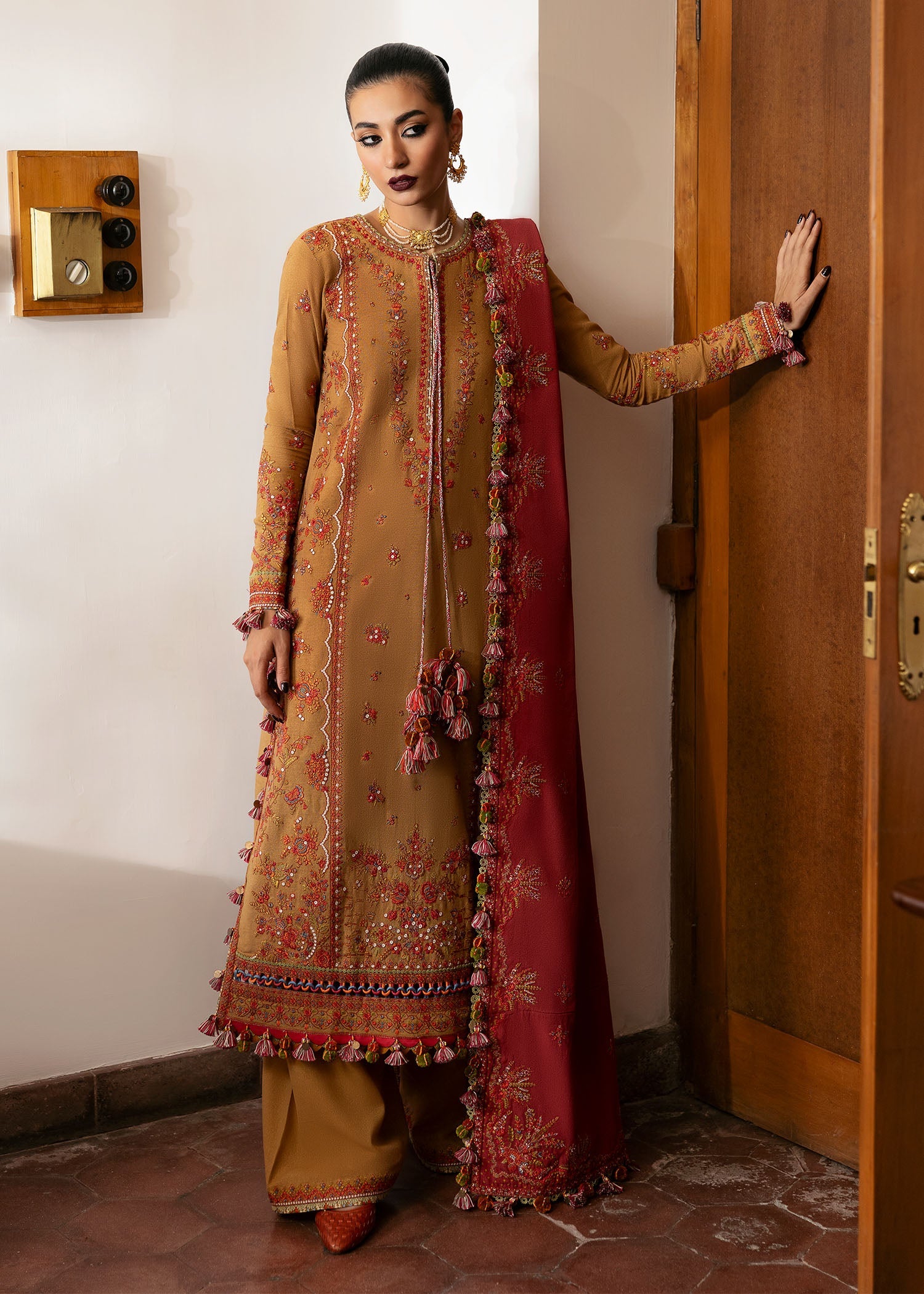 Hussain Rehar 3 Piece Custom Stitched Suit - Brown - LB289078