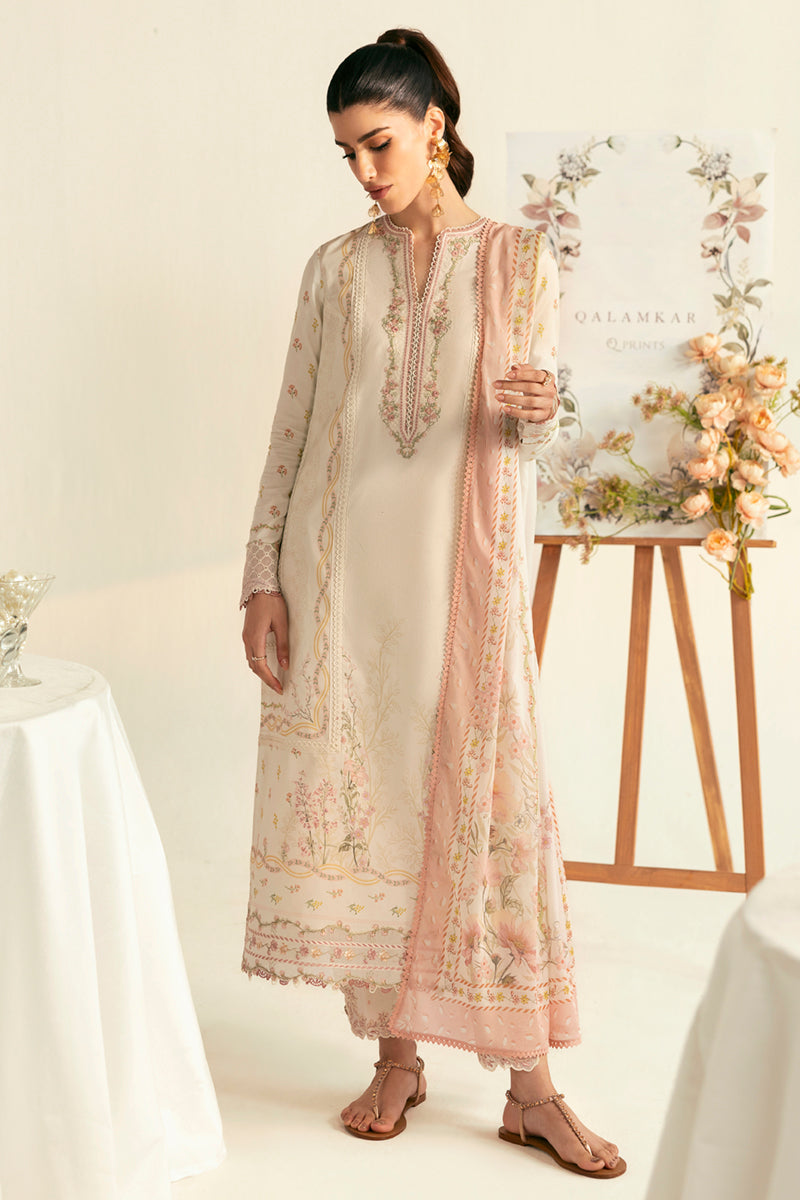 Qalamkar 3 Piece Custom Stitched Suit - Beige - LB289361