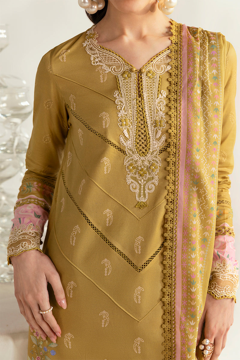 Qalamkar 3 Piece Custom Stitched Suit - Mustard - LB289354