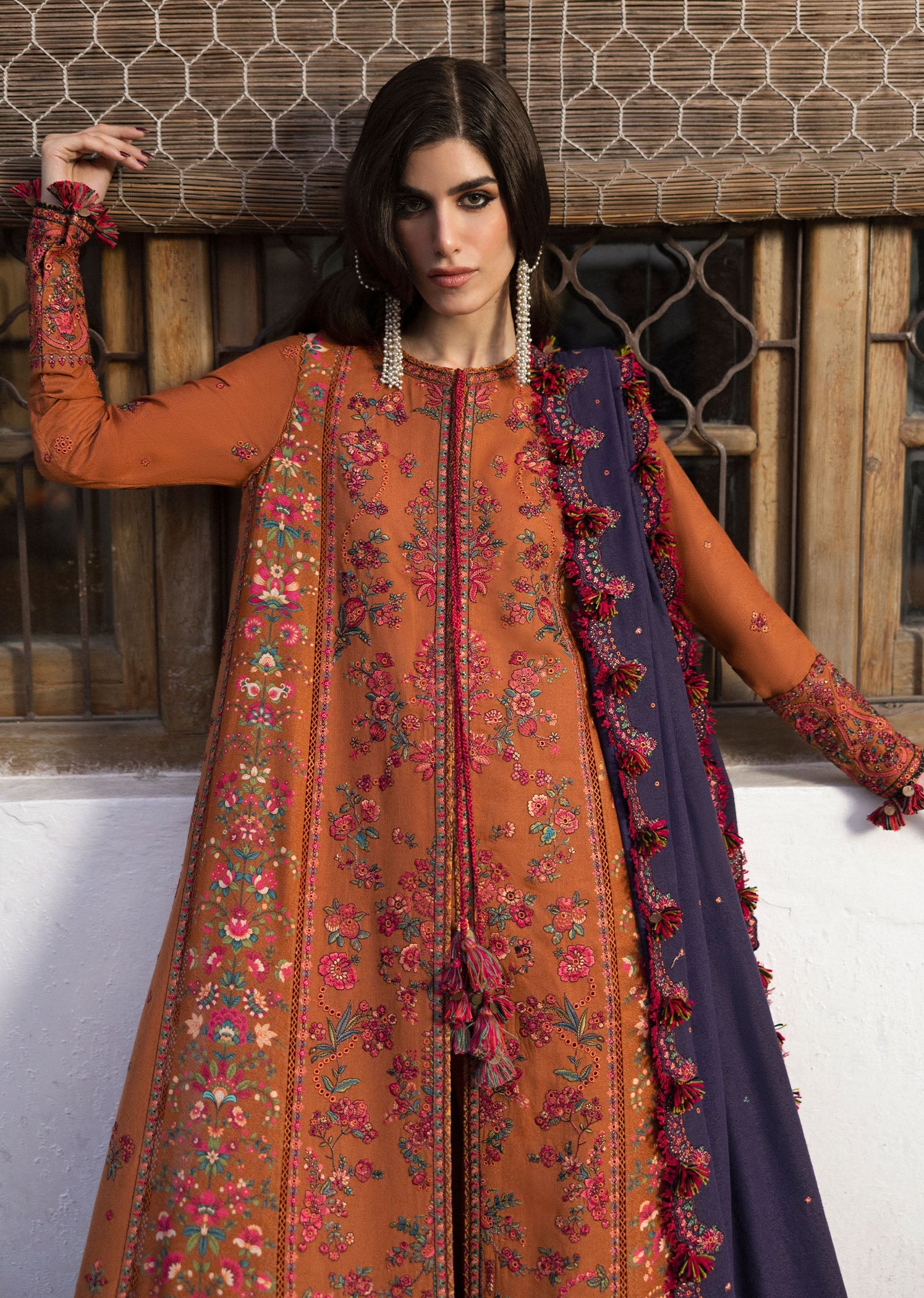 Hussain Rehar 3 Piece Custom Stitched Suit - Orange - LB289082