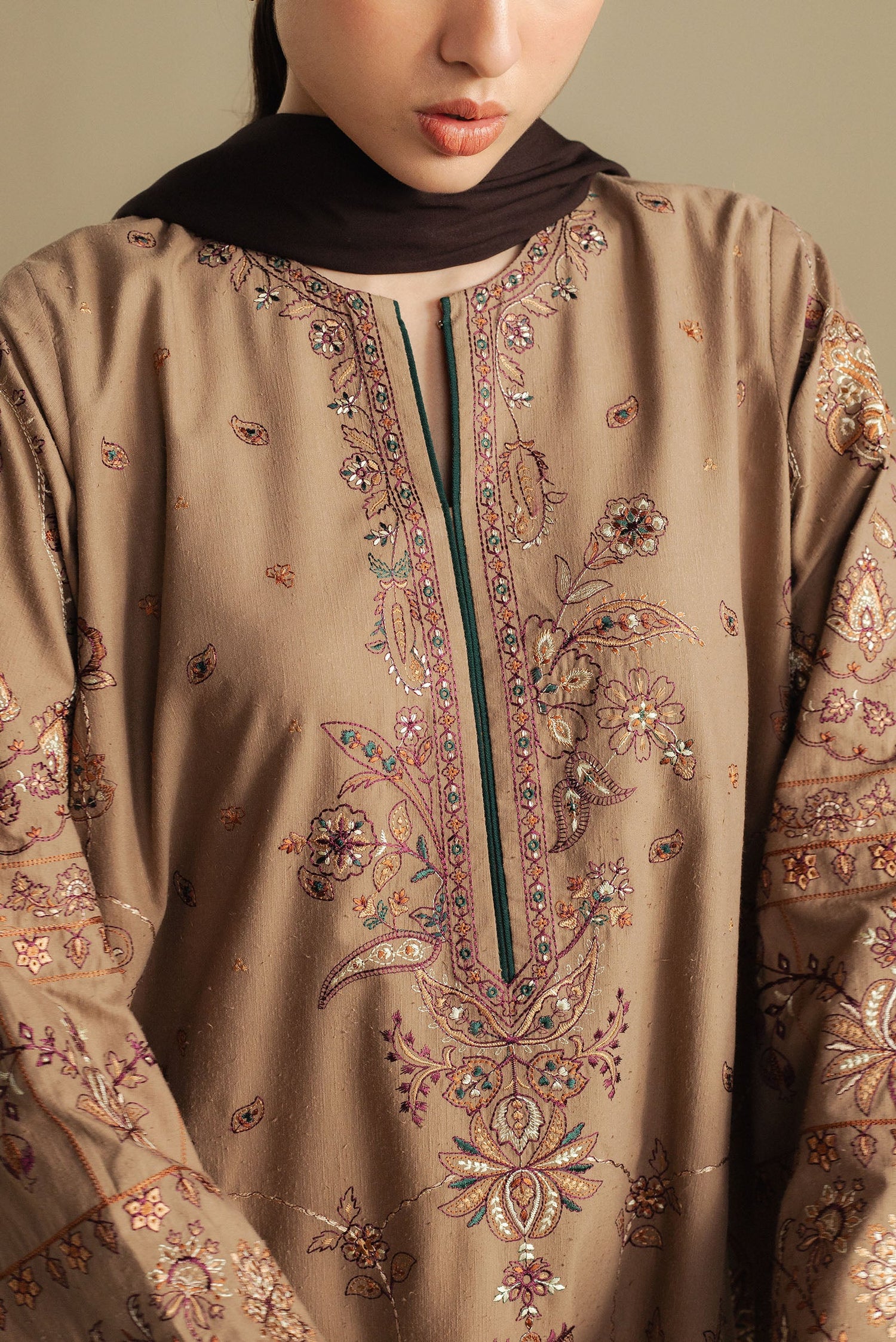 Zara Shahjahan 3 Piece Custom Stitched Suit - Beige - LB30995