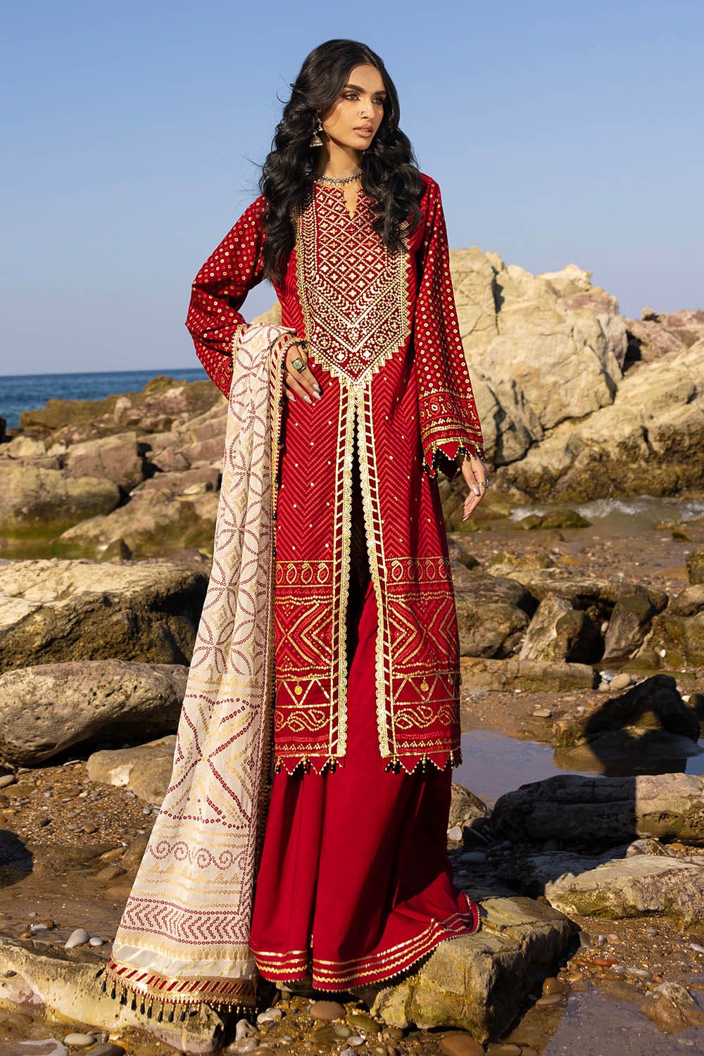 Gul Ahmed 3 Piece Custom Stitched Suit - Red - LB29180