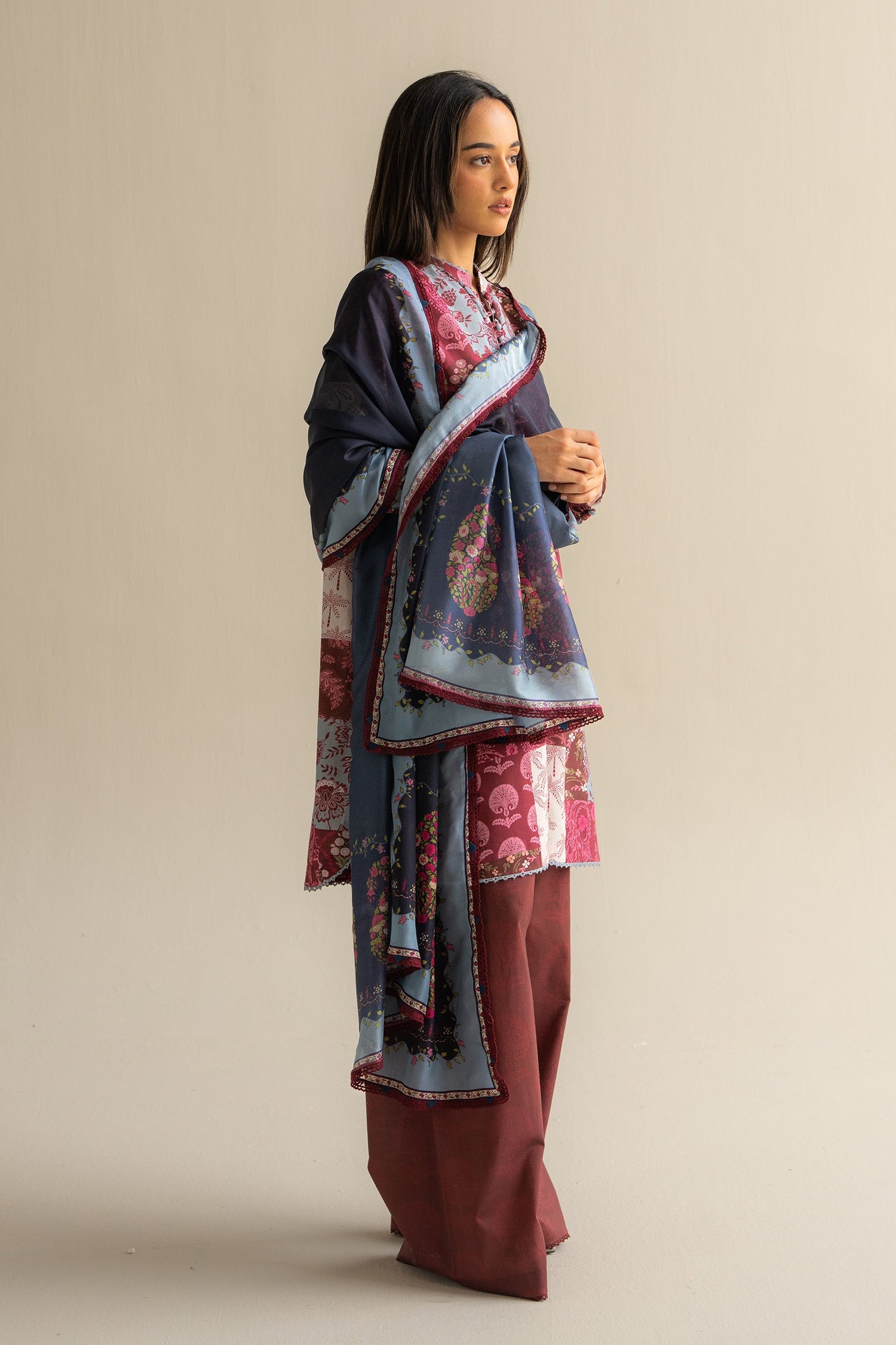 Zara Shahjahan 3 Piece Custom Stitched Suit - Maroon - LB30520