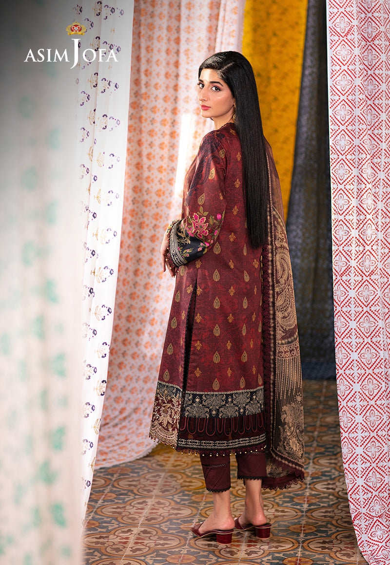 Asim Jofa 3 Piece Custom Stitched Suit - Maroon - LB285876