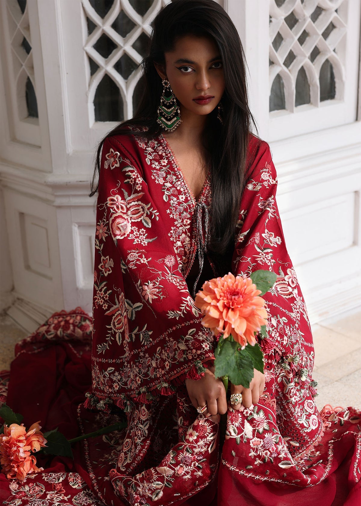 Hussain Rehar 3 Piece Custom Stitched Suit - Red - LB31472