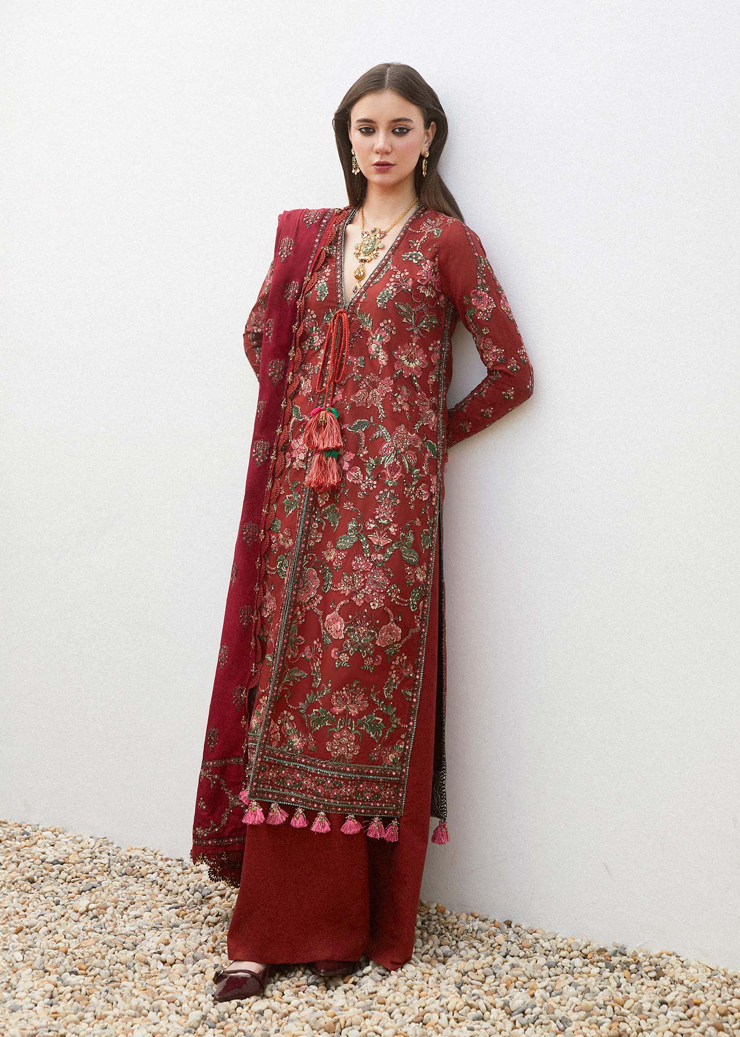 Hussain Rehar 3 Piece Custom Stitched Suit - Red - LB286571