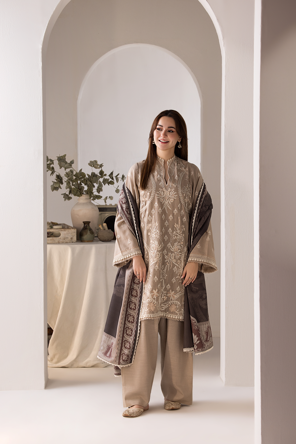 Sobia Nazir 3 Piece Custom Stitched Suit - Beige - LB288906