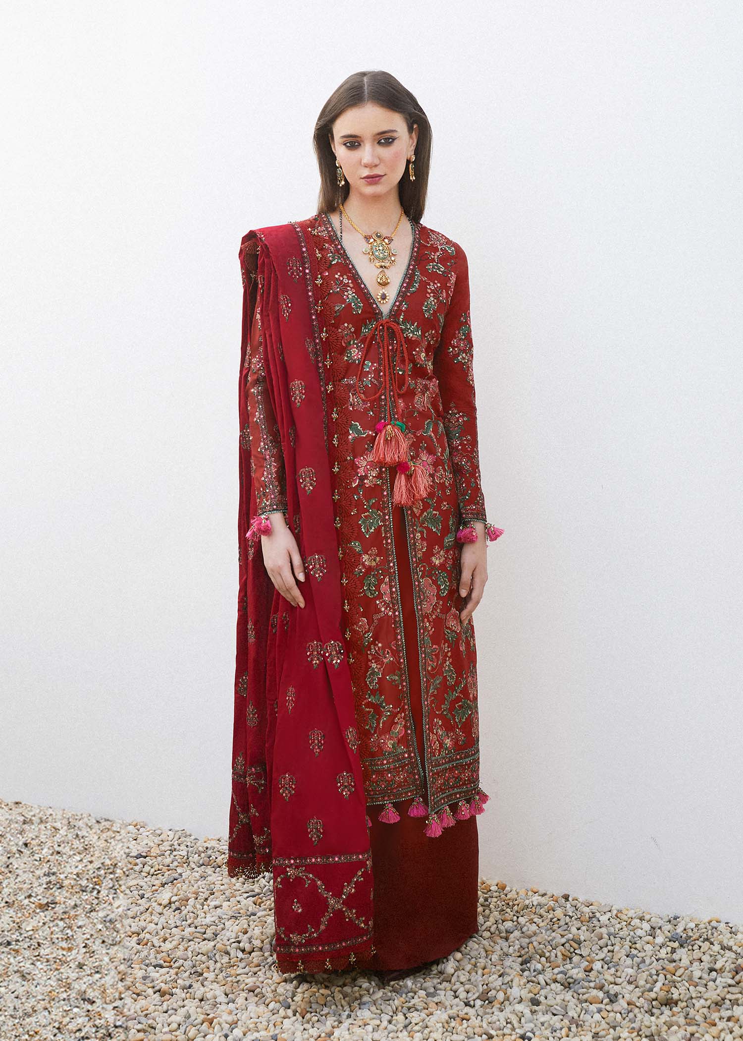 Hussain Rehar 3 Piece Custom Stitched Suit - Red - LB286571