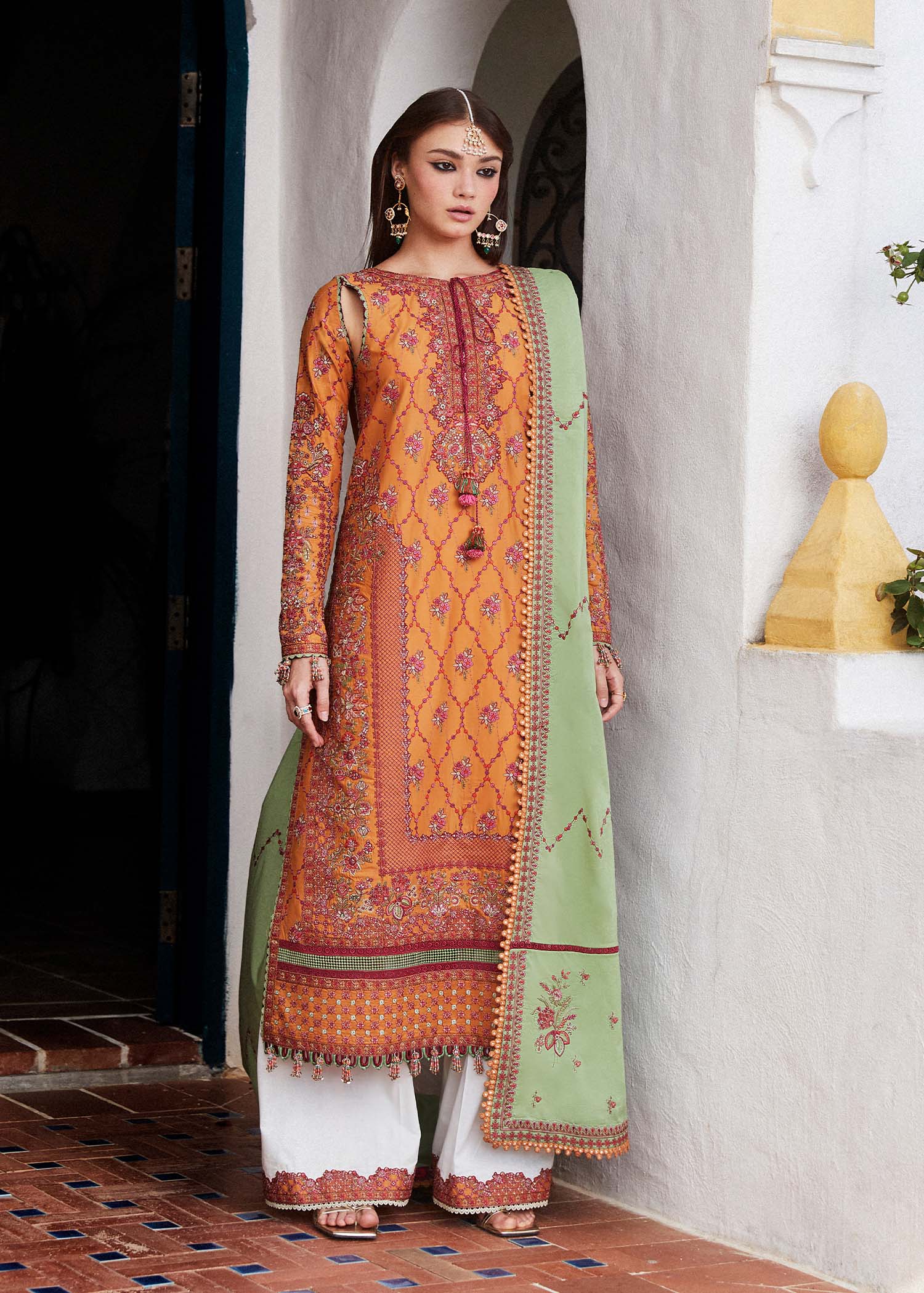 Hussain Rehar 3 Piece Custom Stitched Suit - Orange - LB286565