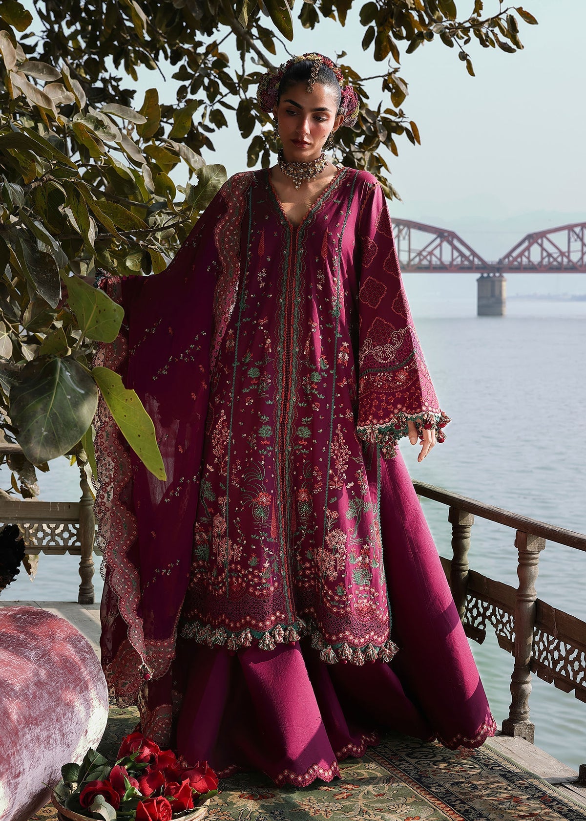 Hussain Rehar 3 Piece Custom Stitched Suit - Plum - LB31479