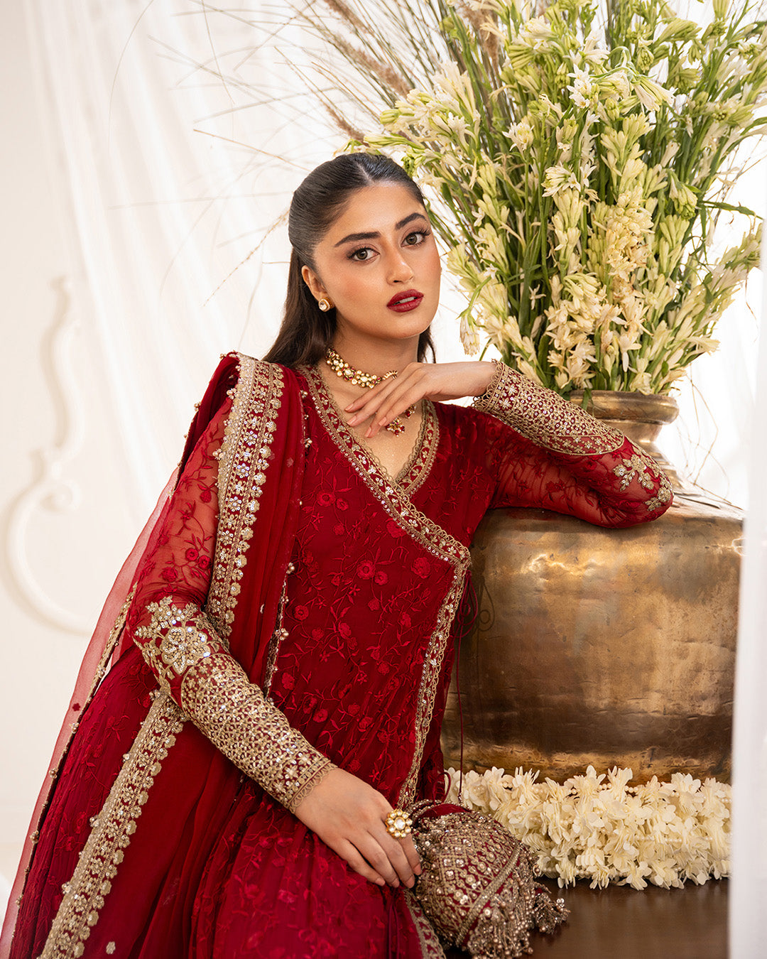 Faiza Saqlain 3 Piece Custom Stitched Suit - Red - LB31345