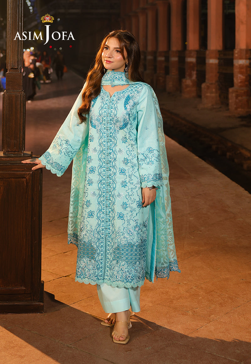 Asim Jofa 3 Piece Custom Stitched Suit - Aqua - LB29789