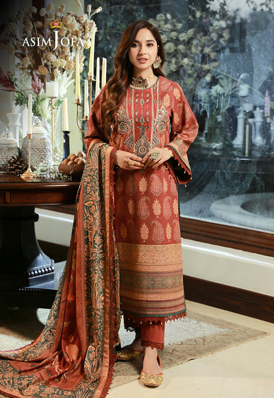 Asim Jofa 3 Piece Custom Stitched Suit - Maroon - LB285060