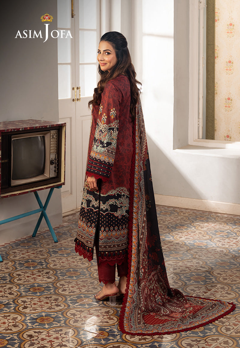 Asim Jofa 3 Piece Custom Stitched Suit - Maroon - LB285897