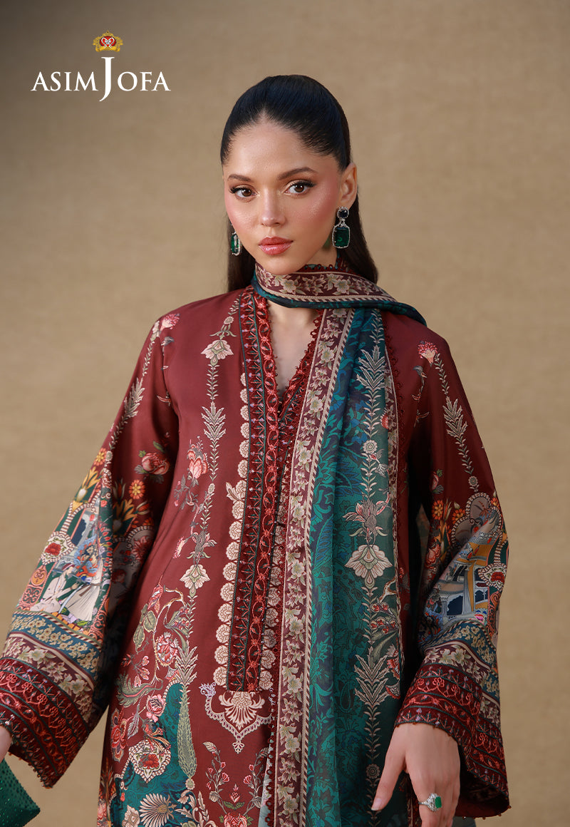 Asim Jofa 3 Piece Custom Stitched Suit - Maroon - LB31250