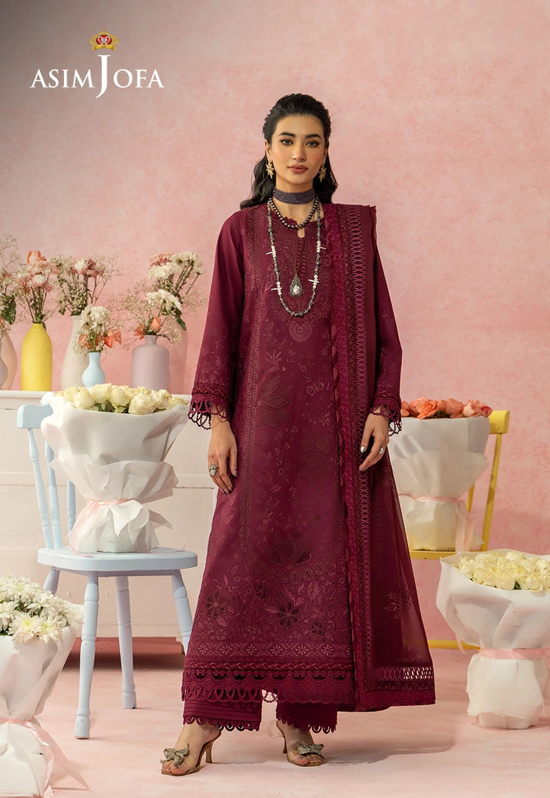 Asim Jofa 3 Piece Custom Stitched Suit - Maroon - LB31483