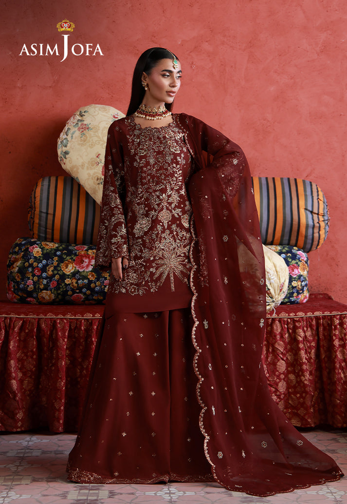Asim Jofa 3 Piece Custom Stitched Suit - Maroon - LB31662