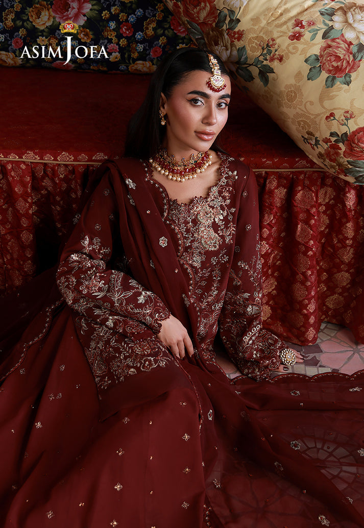 Asim Jofa 3 Piece Custom Stitched Suit - Maroon - LB31662