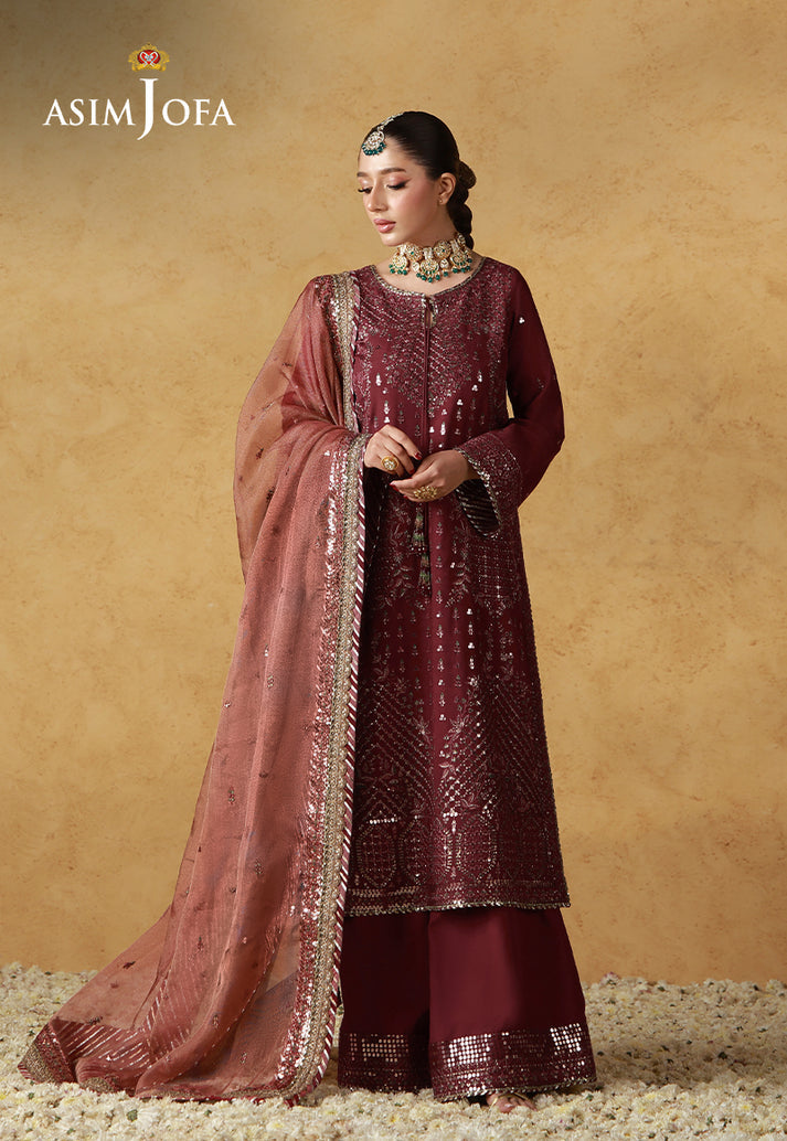 Asim Jofa 3 Piece Custom Stitched Suit - Maroon - LB31668
