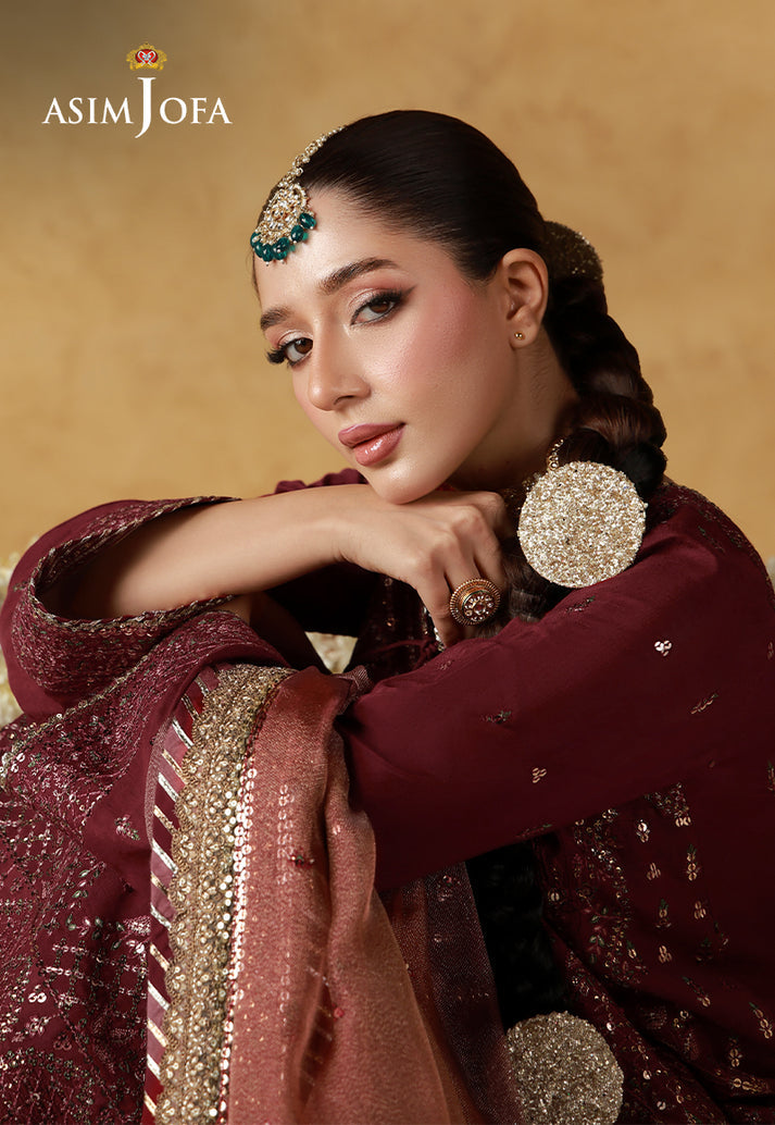 Asim Jofa 3 Piece Custom Stitched Suit - Maroon - LB31668