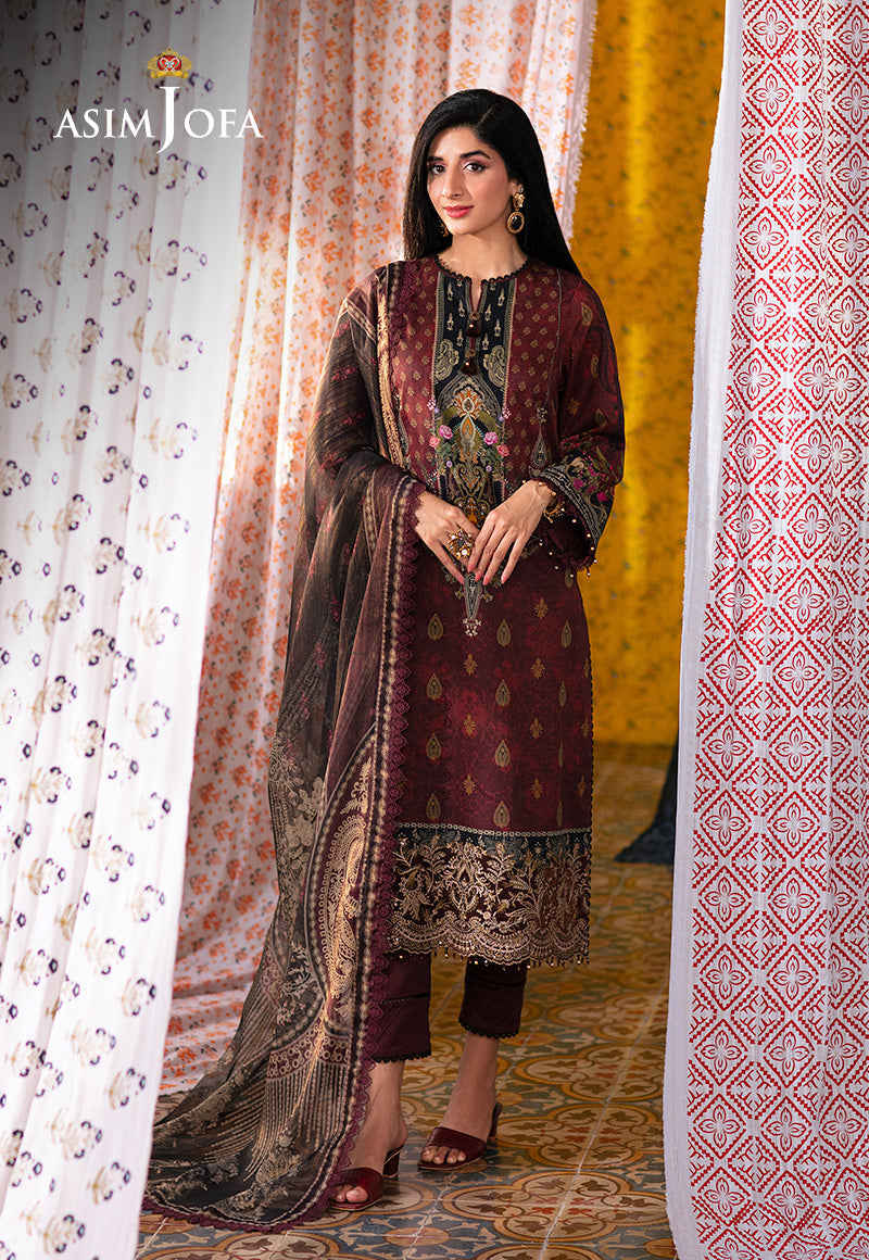 Asim Jofa 3 Piece Custom Stitched Suit - Maroon - LB285876