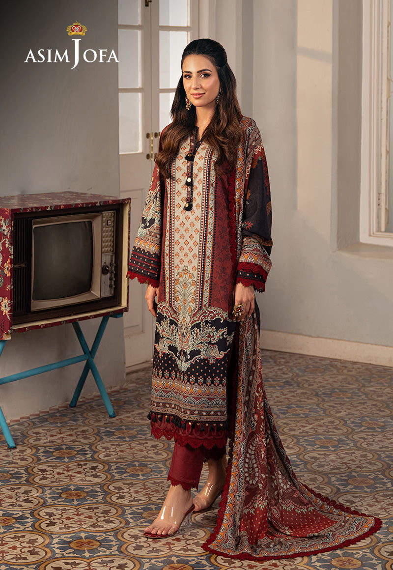 Asim Jofa 3 Piece Custom Stitched Suit - Maroon - LB285897