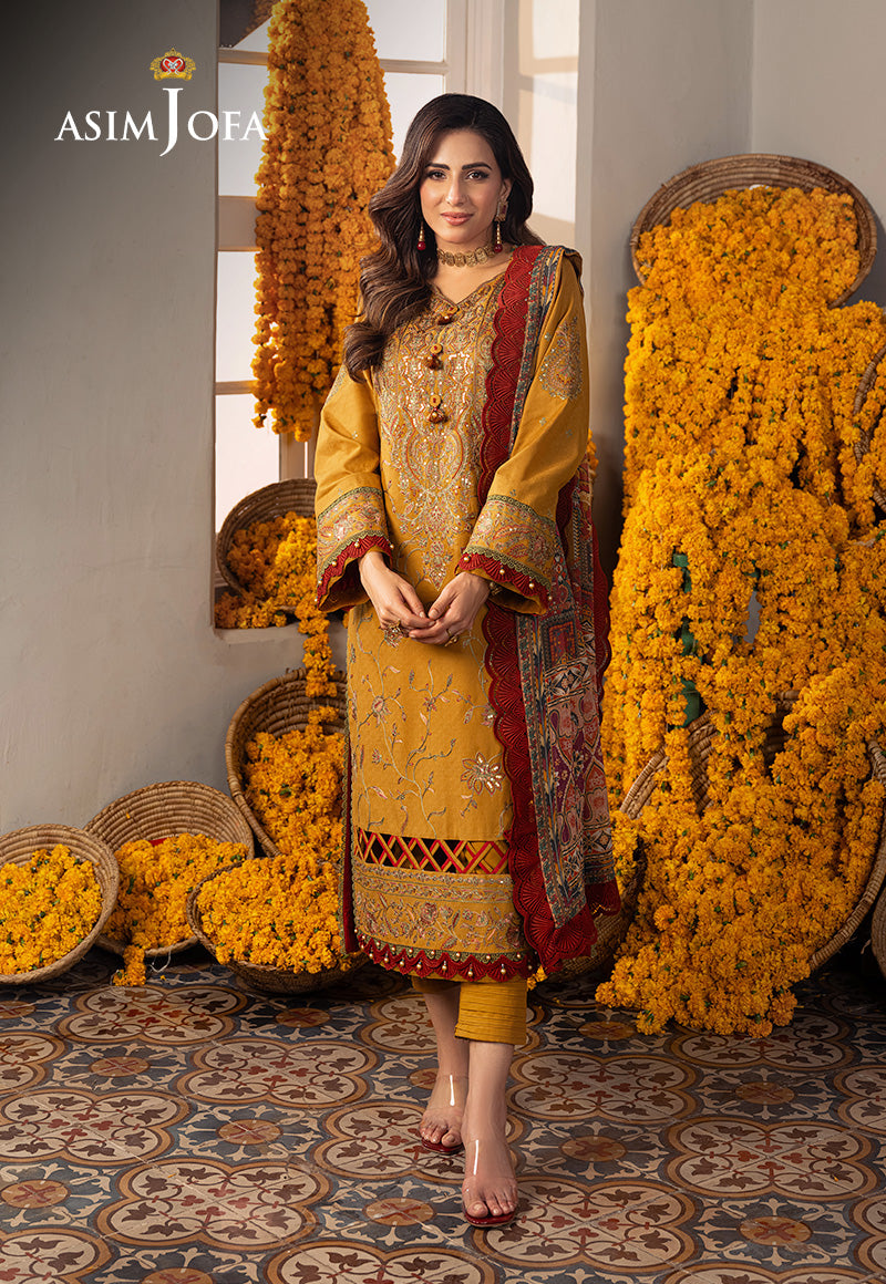 Asim Jofa 3 Piece Custom Stitched Suit - Yellow - LB285884