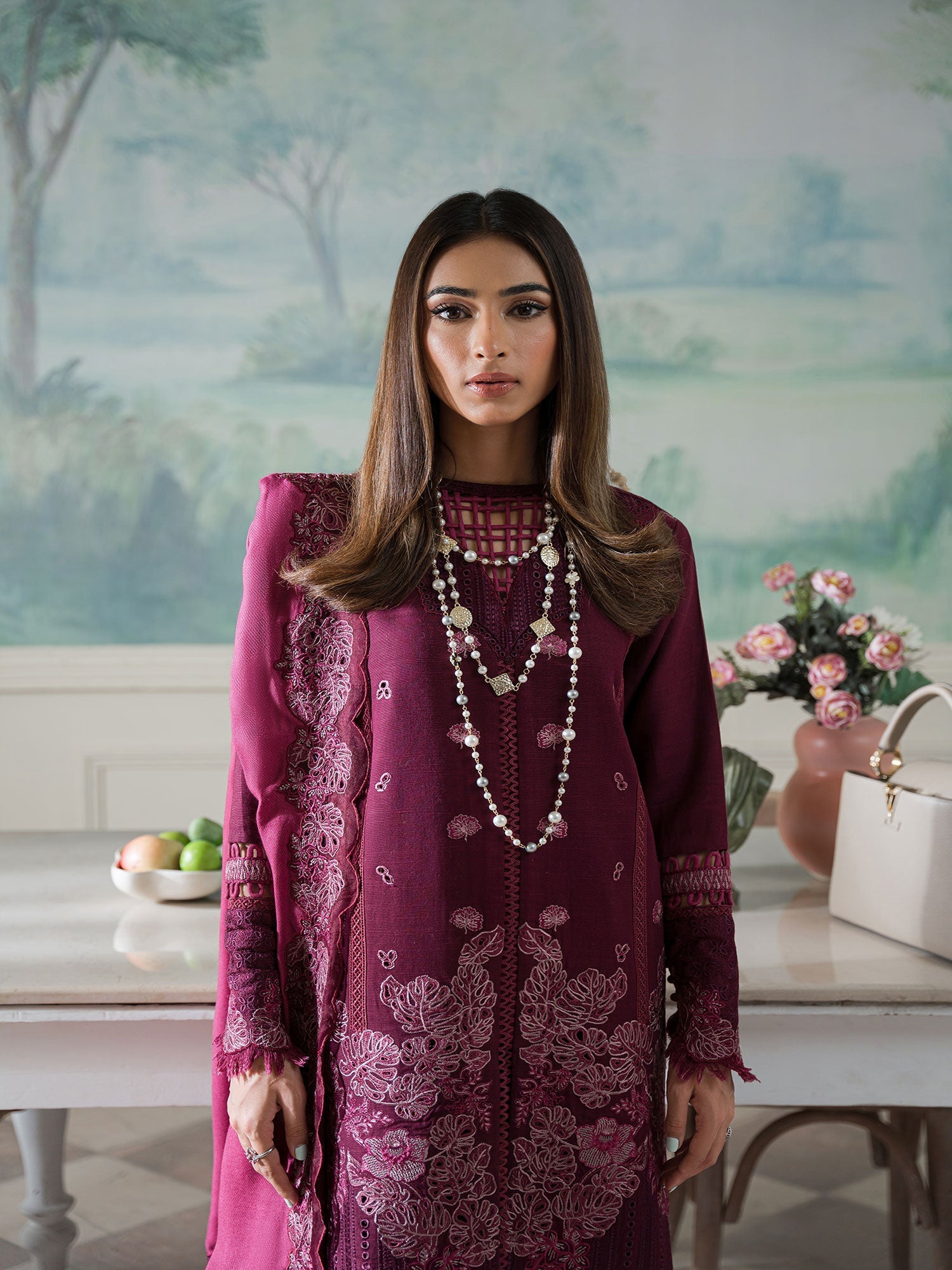 Maryam Hussain 3 Piece Custom Stitched Suit - Purple - LB285841