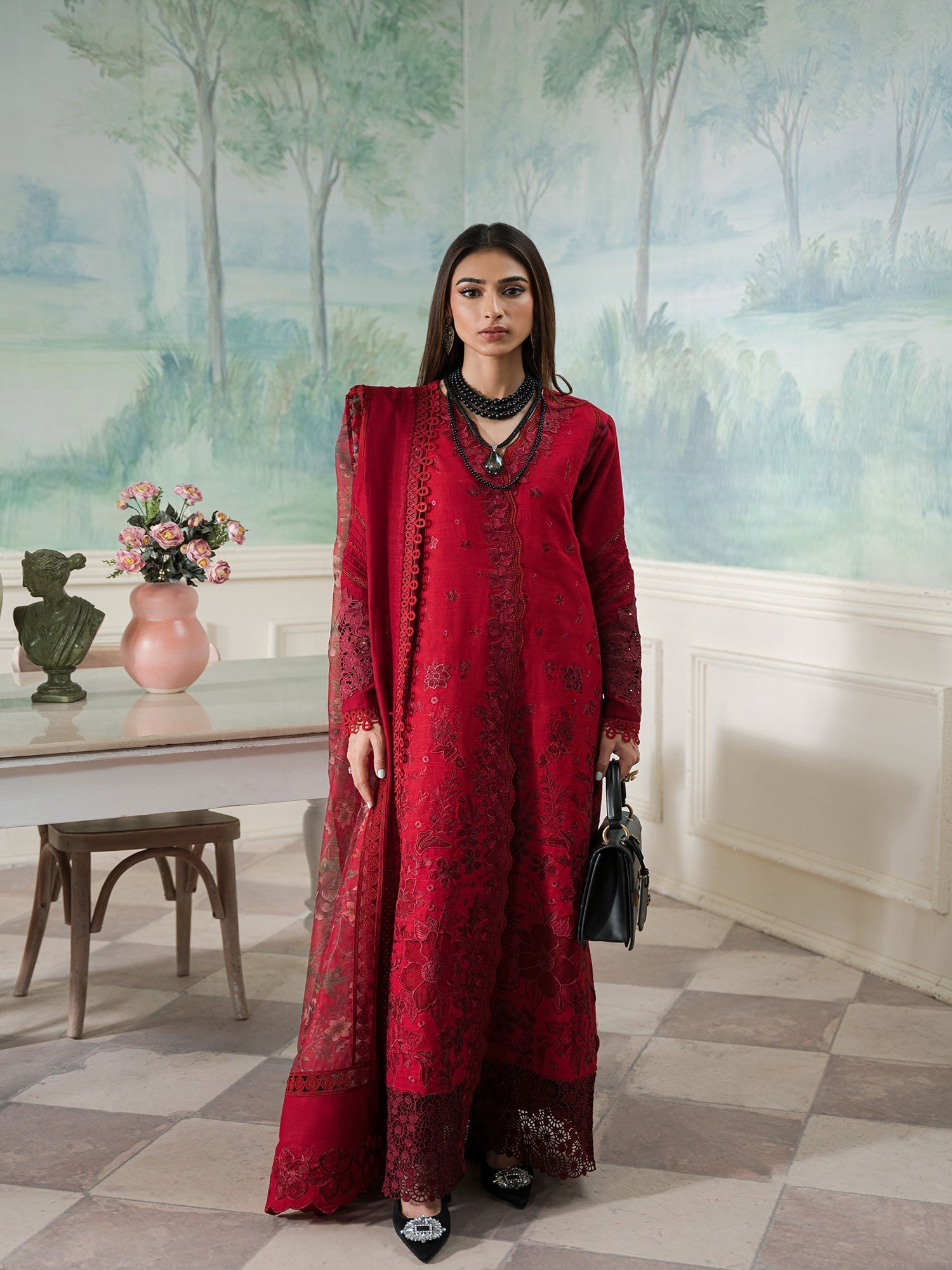 Maryam Hussain 3 Piece Custom Stitched Suit - Red - LB285843