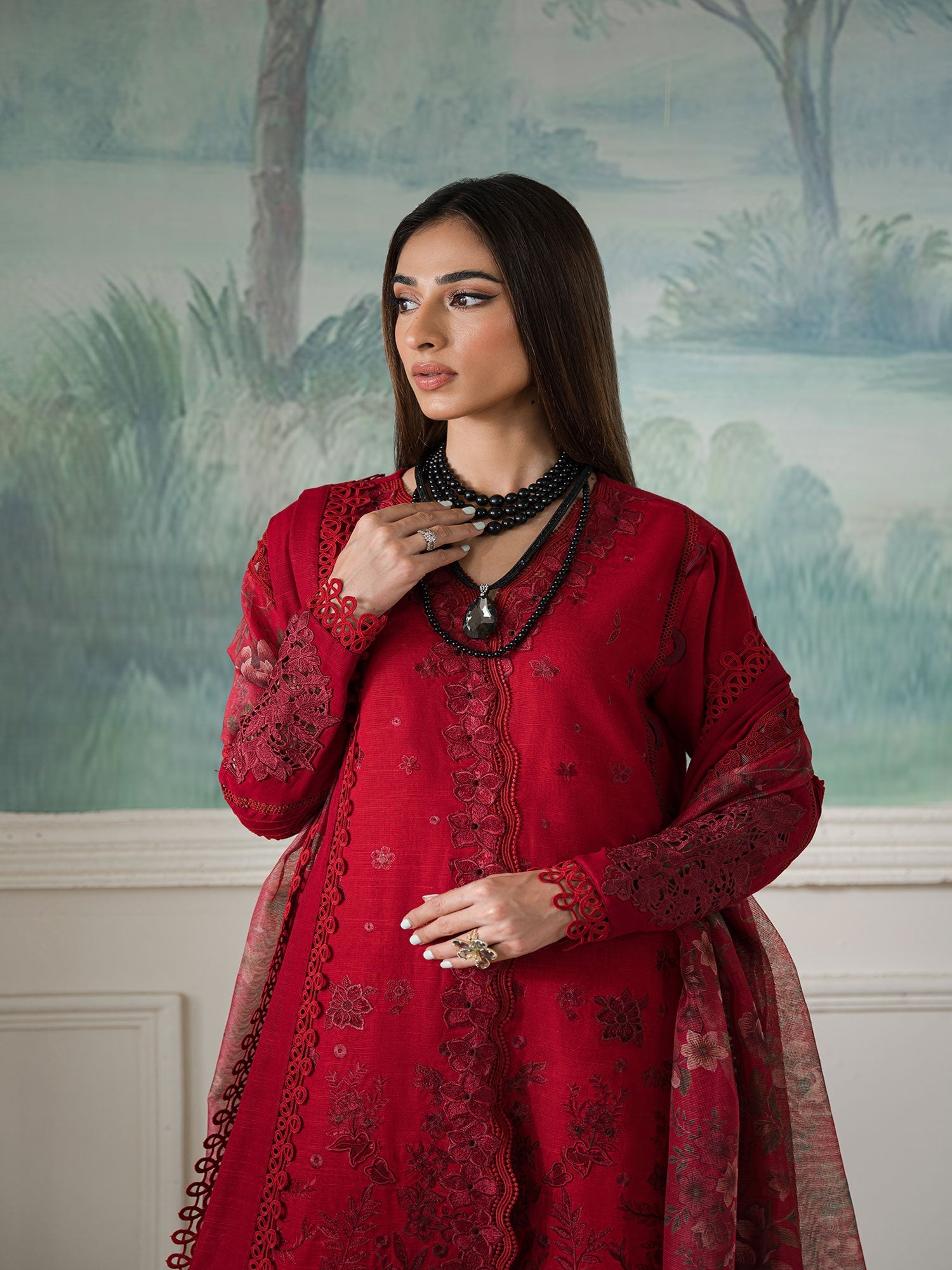 Maryam Hussain 3 Piece Custom Stitched Suit - Red - LB285843