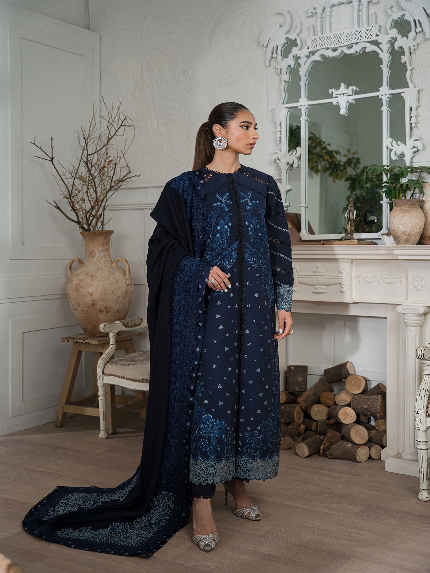 Maryam Hussain 3 Piece Custom Stitched Suit - Blue - LB285842