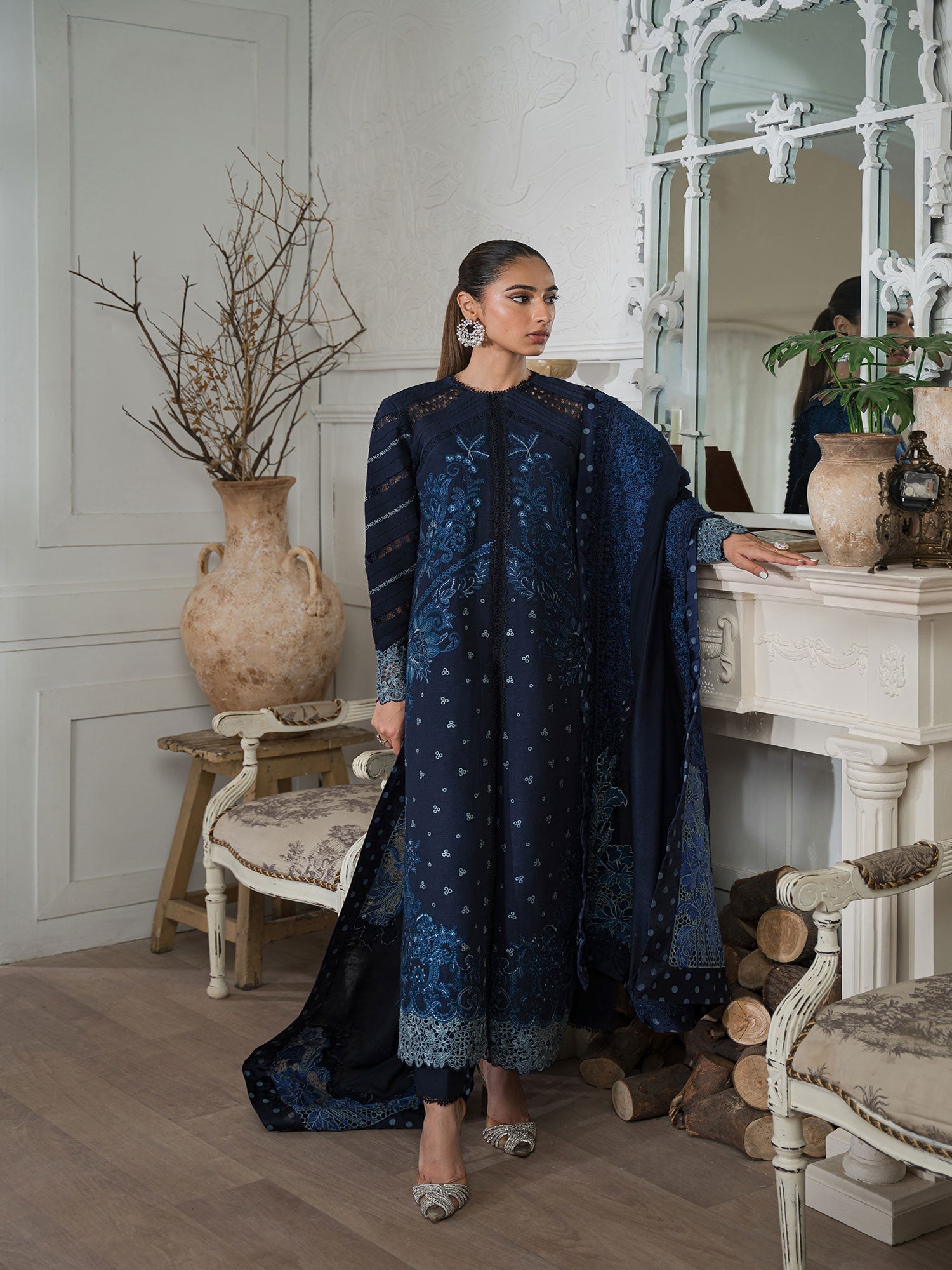 Maryam Hussain 3 Piece Custom Stitched Suit - Blue - LB285842