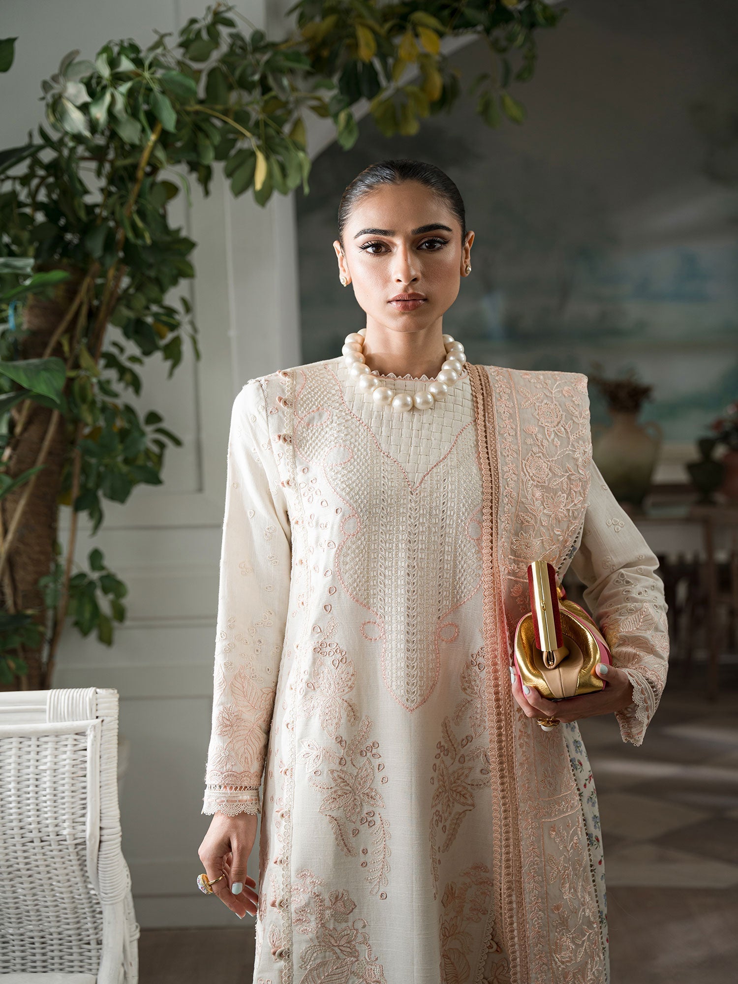 Maryam Hussain 3 Piece Custom Stitched Suit - Off-White - LB285844