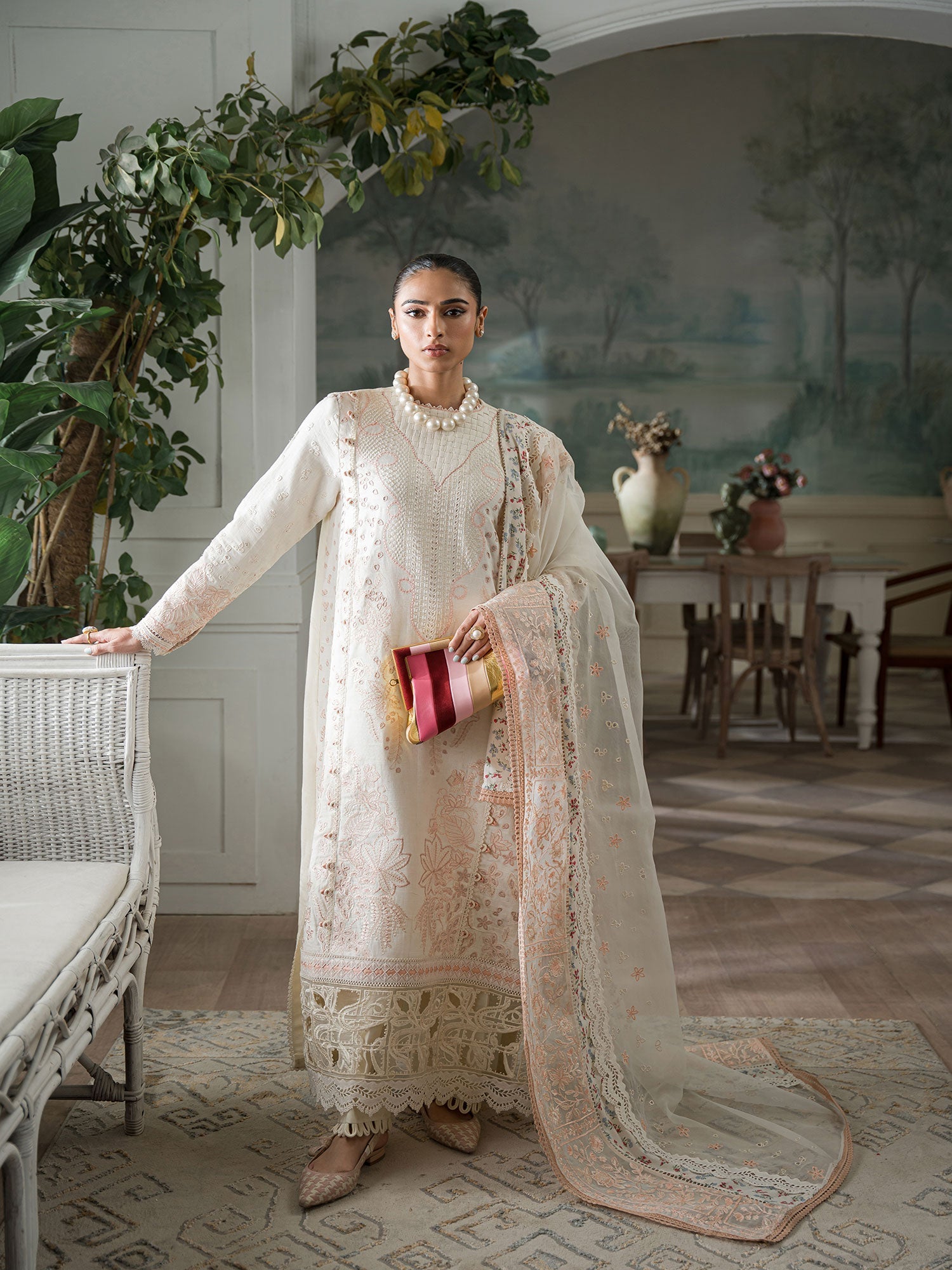 Maryam Hussain 3 Piece Custom Stitched Suit - Off-White - LB285844