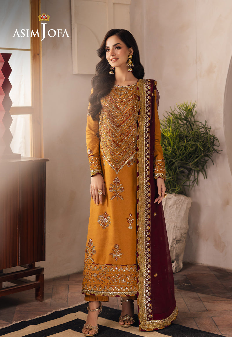 Asim Jofa 3 Piece Custom Stitched Suit - Mustard - LB289317